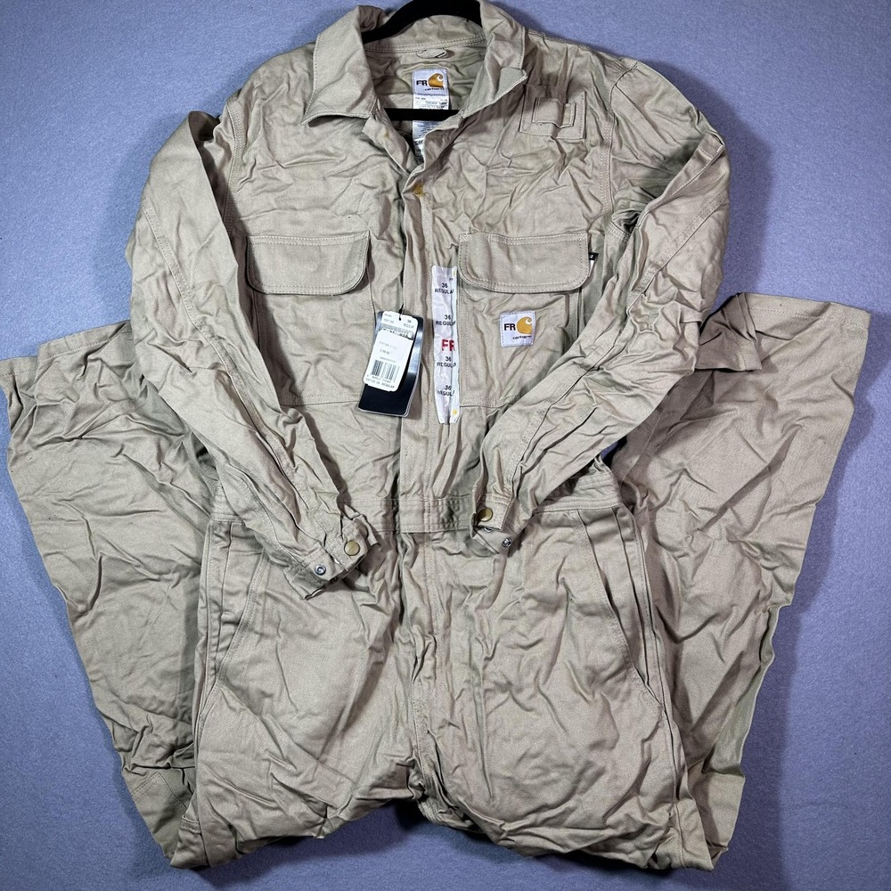 Carhartt FR Coveralls Mens 36R Beige Cotton Flame Resistant Workwear Jumpsuit